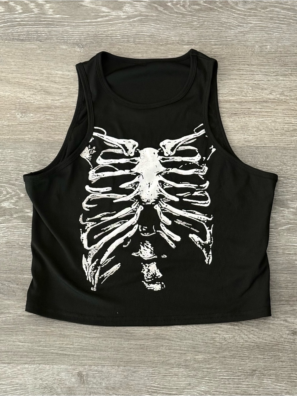 SHEIN Black Ribbed Cropped Tank with White Ribcage Print
